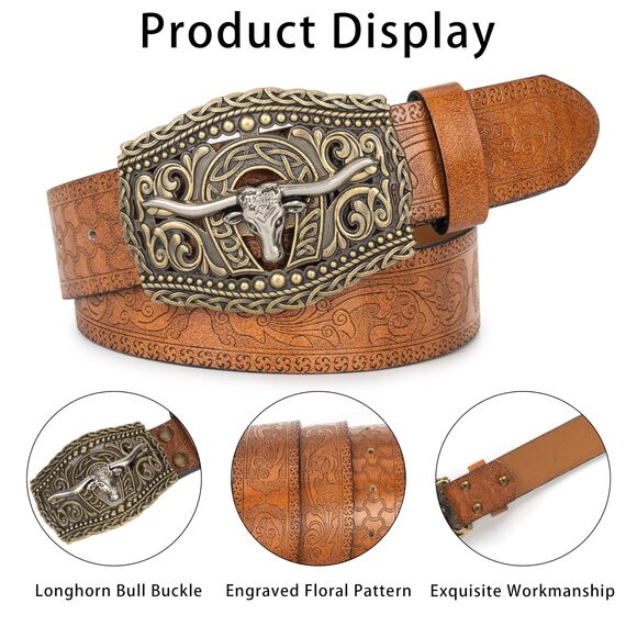 Western-cowboy-cowgirl-belt - Longhorn-bull-pattern-engraved-belt Pu Leather😄 - Picture 5 of 7